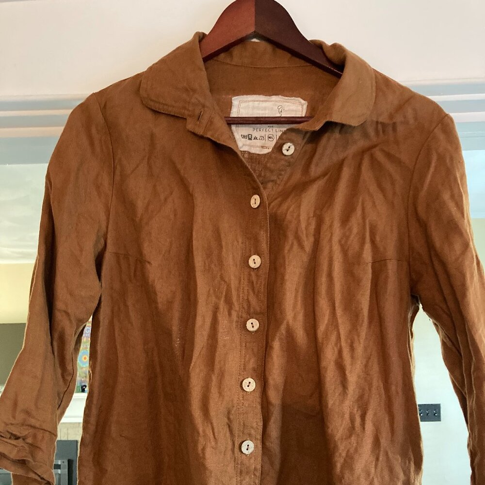 notPERFECTLINEN Lucerne Button Down Shirt Top 3/4 Sleeve - Toast